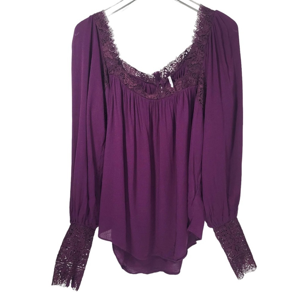 Free People Flutter By Peasant Lace Trim Square Neckline Blouse in Plum - Picture 4 of 13
